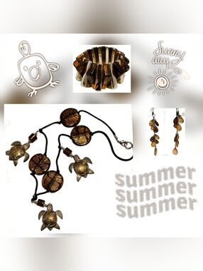 Sea Turtle Charm Necklace Set With Brown Artisan Glass Pendants